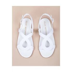 Stuart Weitzman Teodora Flat Sandals 7 White Buckle Ankle Strap Open Toe